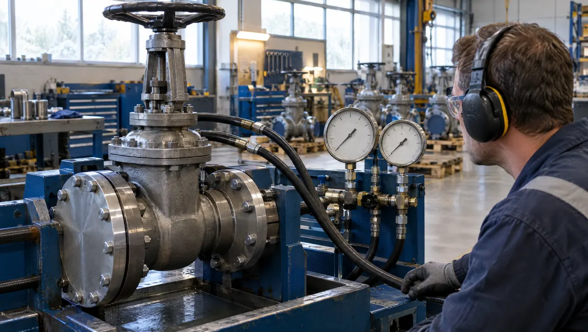 A technician watching the gauges of a valve under test on a hydrostatic test bench.