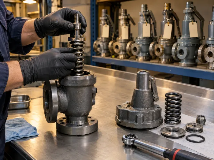 Gloved hands reassembling a pressure relief valve on a workshop bench, its spring and parts laid out beside it.