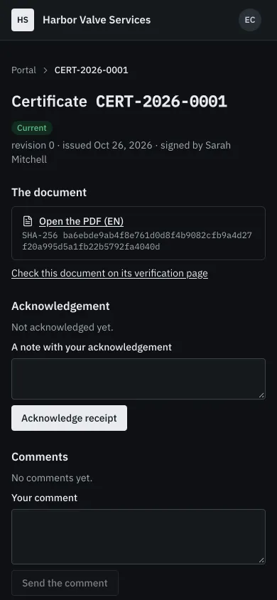 A certificate in the client's portal on a phone: the PDF, its SHA-256, the link to its verification page, and an acknowledgement.