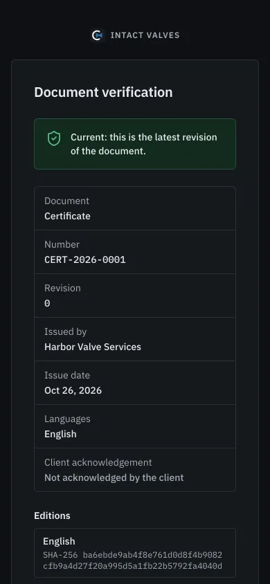 The public verification page of a certificate on a phone: current, its number, revision, issuer, date and editions.
